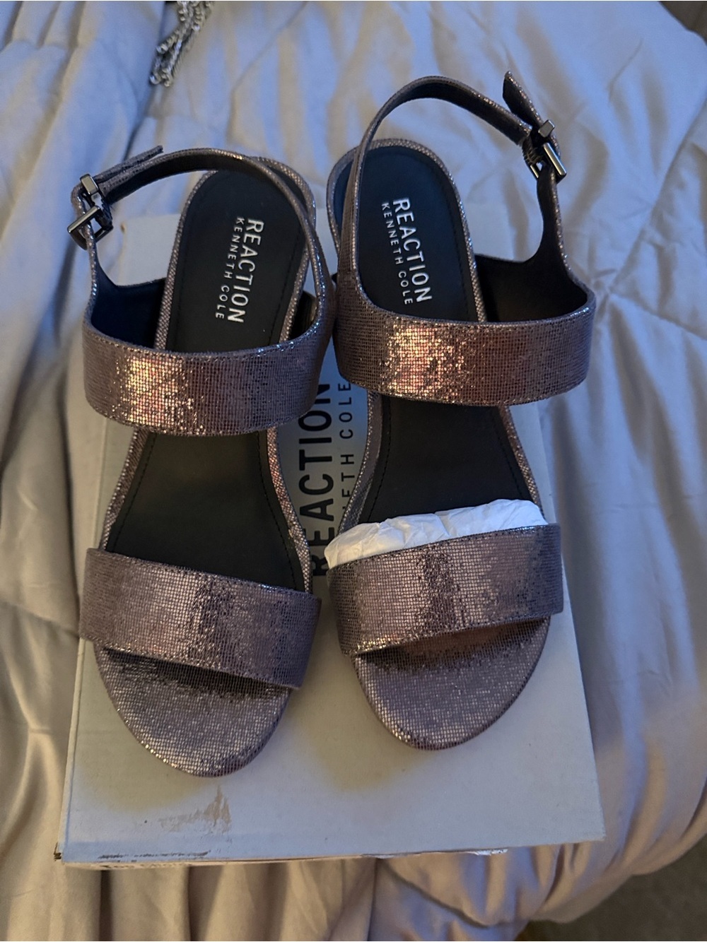 Reaction Kenneth Cole Shimmering Rose Metallic Block Heel Sandals